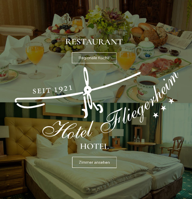 Logo Fliegerheim und Button für Hotel und Website Restaurant werden gezeigt.
