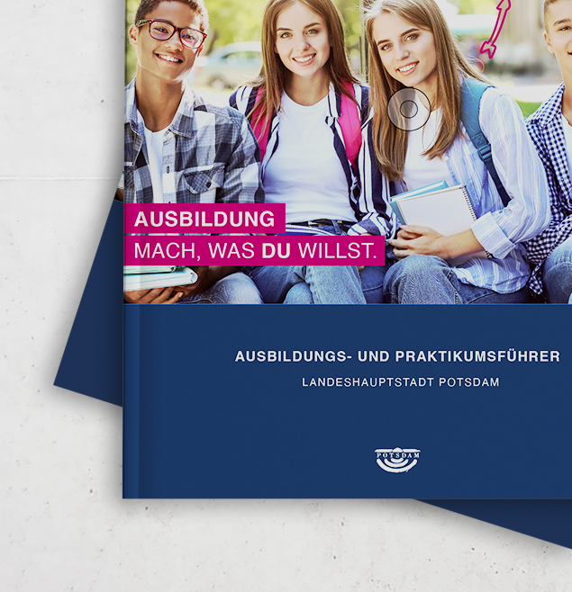 Dieses Vorschaubild zeigt zwei Broschüren, die übereinanderlegen und das Thema Ausbildung in Potsdam präsentieren.