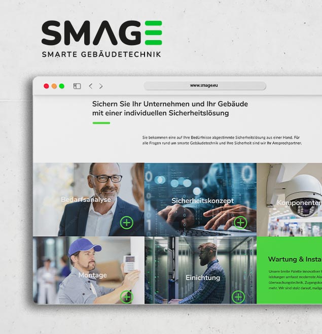 Das Teaserbild zeigt eine Vorschau für das Webdesign und die Programmierung der Webseite 'SMAGE Gebäudetechnik und Gebäudesicherheit' welche die Marketingagentur Schweiger Design realisiert hat.