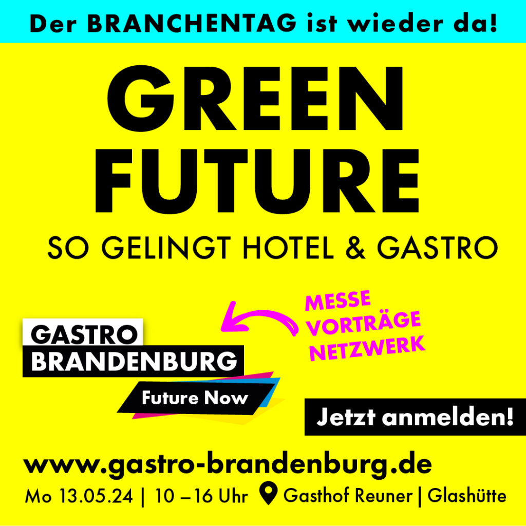 Sie sehen eine Vorschaukachel in grellen Farben auf gelbem Grund zur Veranstaltung GASTRO Brandenburg 2024 für Hotellerie und Gastronomie.