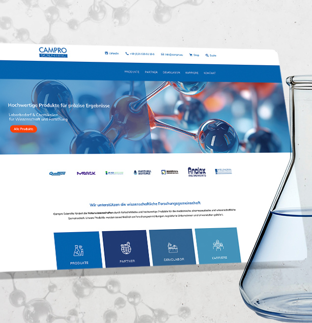 Das grafische Bild zeigt das Webdesign für die Firma Campro Scientific mit Sitz in Berlin und den Niederlanden und dient als Vorchaubild für die Referenz zur CMS Webseite von der Agentur Schweiger aus Potsdam - Kommunikation und Onlinemarketing in der Region Ost