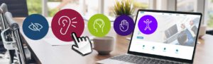 Das Bild zeigt einen Laptop-Monitor auf einem Tisch mit einer angezeigten Webseite über die kreisrunde Icons in verschiedenen Farben fliegen auf die ein Mousezeiger gerichtet ist und dient als Beitragsbild zum informativen Blogbeitrag "Digitale Barrierefreiheit: Warum Ihre Website (nicht nur) wegen des BFSG barrierefrei sein sollte" der Agentur Schweiger aus Potsdam